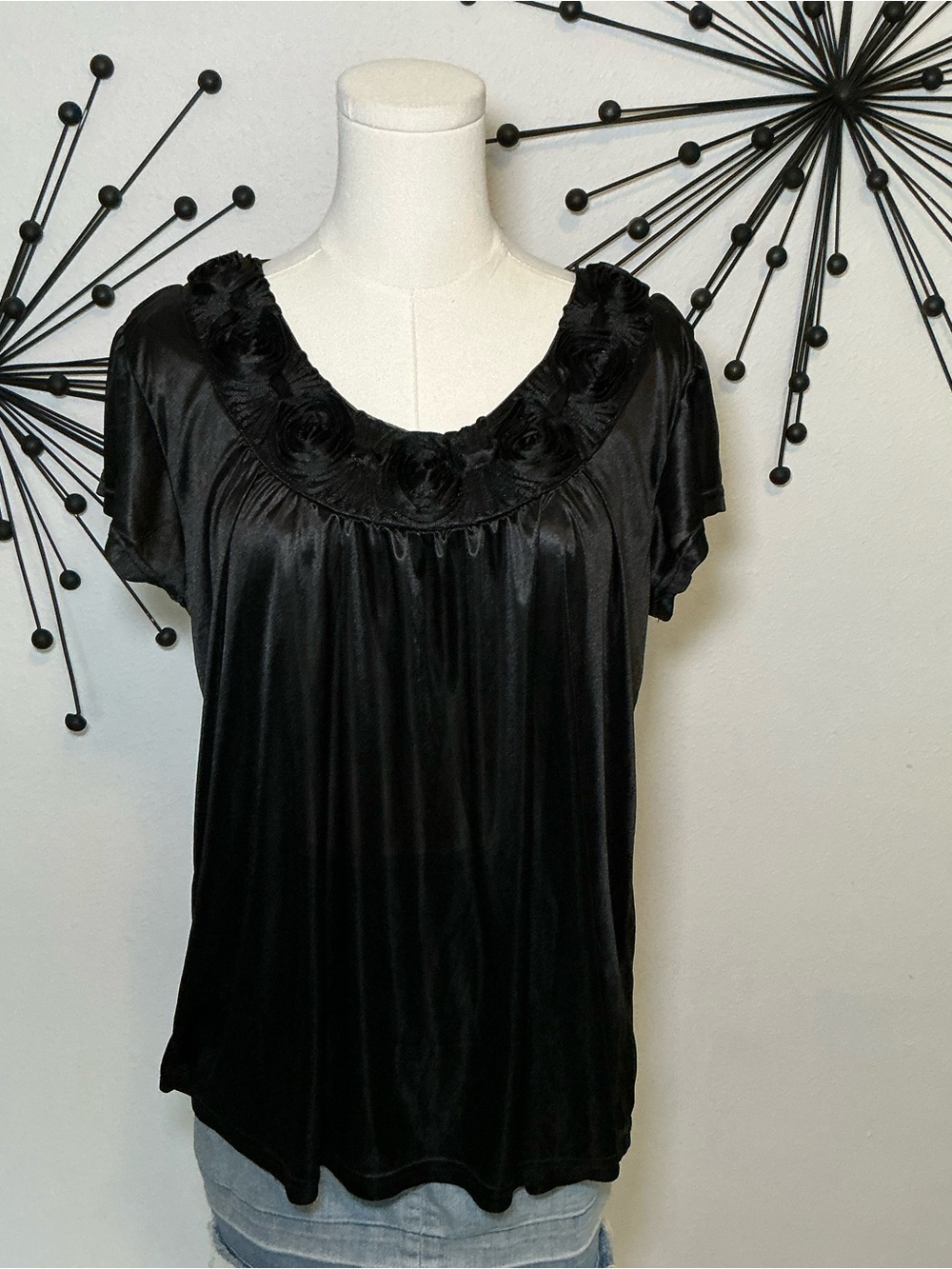 Y2K Lati Fashion Black Satin Rosette Babydoll Top Floral Trim Size Large